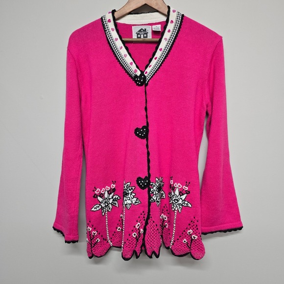 Storybook Knits Sweaters - Storybook Knits Passionate Heart‎ Cardigan Womens M Pink Embroidered Grandmacore